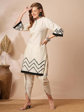 Solid Mirror Embroidered Straight Fit Kurta with Dhoti Co-ord Set - Off White