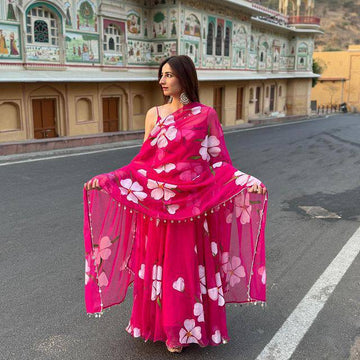 XOOMLADY Presenting You A Beautiful Floral Anarkali With Monochrome Dupptta