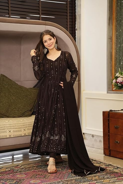 Embroidered Georgette Stitched Anarkali Gown With Dupatta