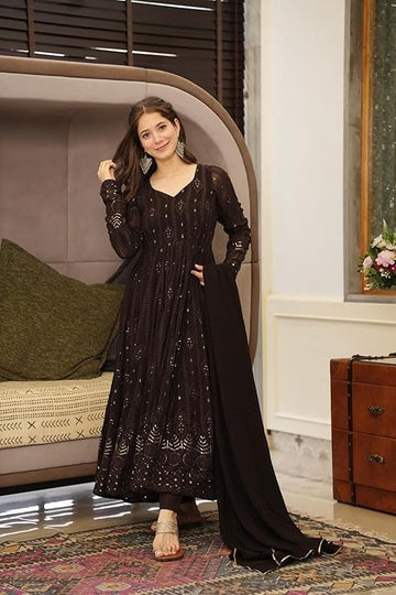 Embroidered Georgette Stitched Anarkali Gown With Dupatta