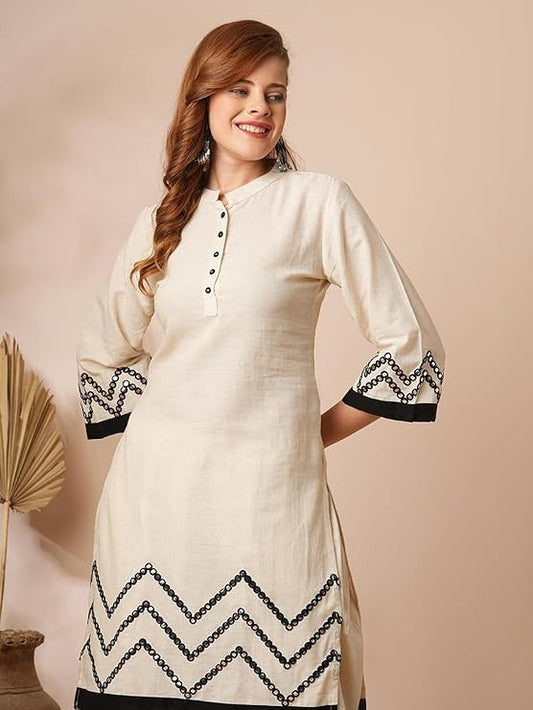 Solid Mirror Embroidered Straight Fit Kurta with Dhoti Co-ord Set - Off White