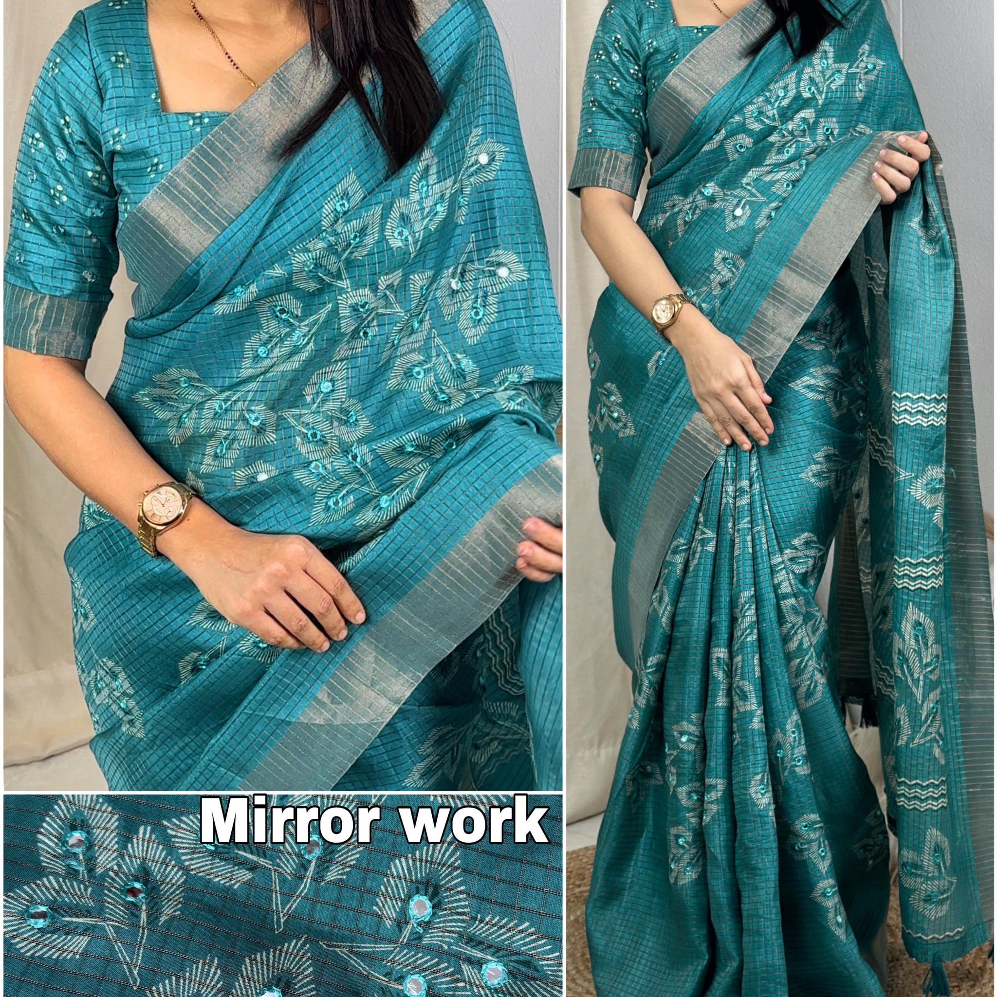 Xoomlady Present jacquard checks with zari border in saree