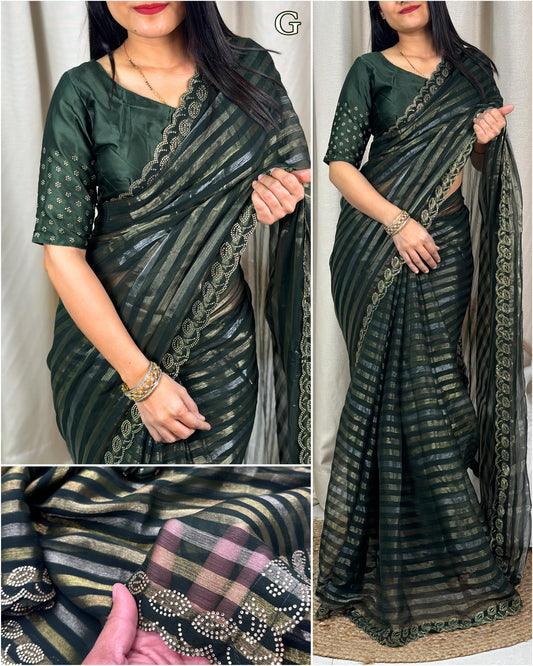 Xoomlady Present Gold and silver zari weaving strips in full saree