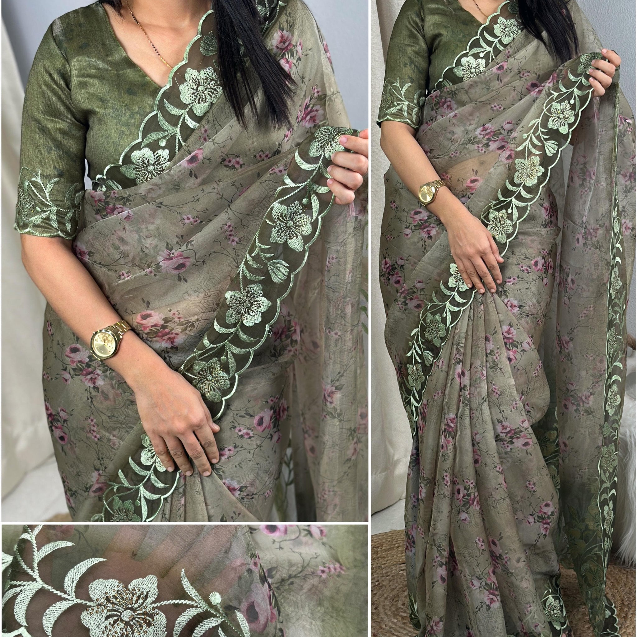 Xoomlady Present  Multi thread Embroidery works in saree with cutwork