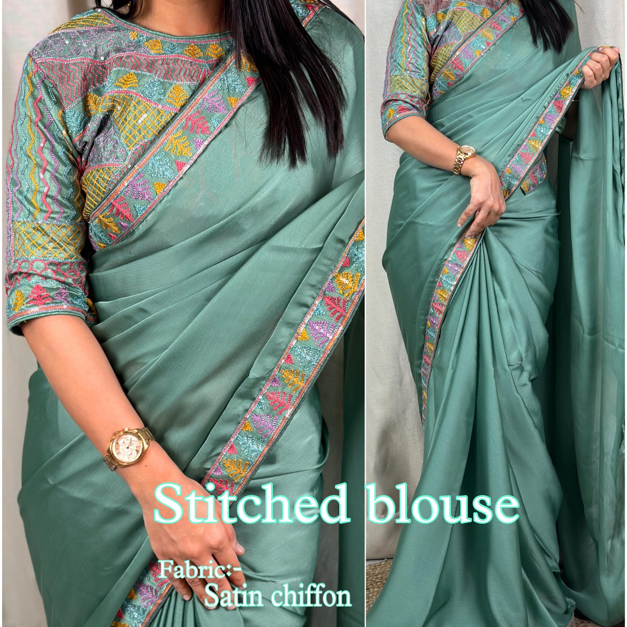 Xoomlady Present Plan solid saree with embroidery lace & stitched blouse