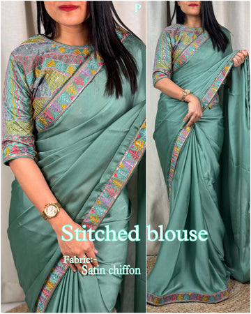 Xoomlady Present Plan solid saree with embroidery lace & stitched blouse