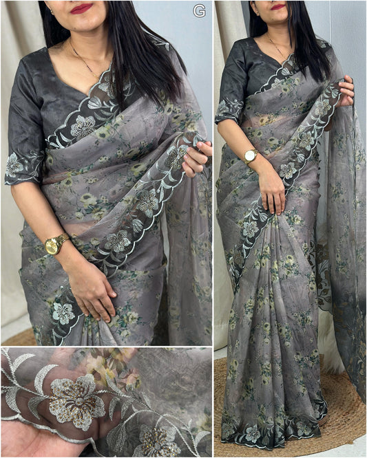 Xoomlady Present  Multi thread Embroidery works in saree with cutwork