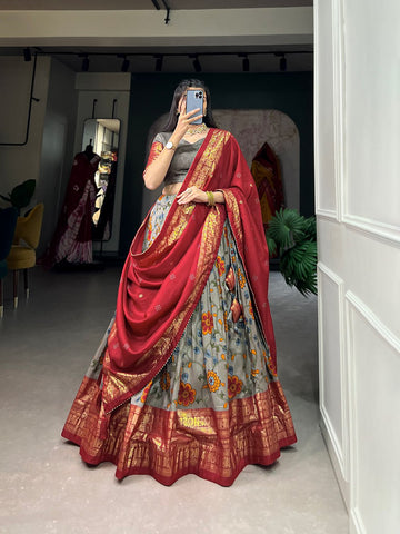 XOOMLADY Be a trendsetter in our one-of-a-kind Kalamkari Tussar Silk Lehenga