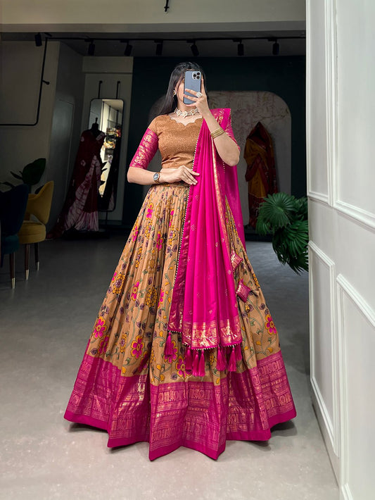 XOOMLADY Be a trendsetter in our one-of-a-kind Kalamkari Tussar Silk Lehenga