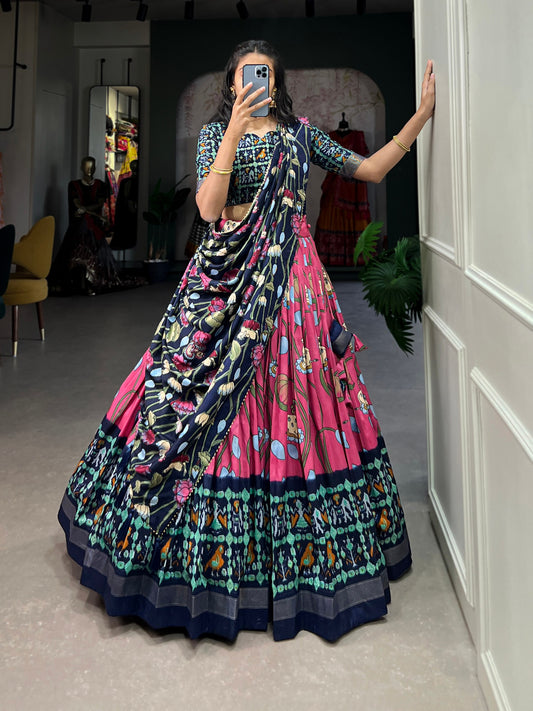 XOOMLADY Elegance with Our Pichwai and Patola Printed Combination Tussar Silk Lehenga Choli