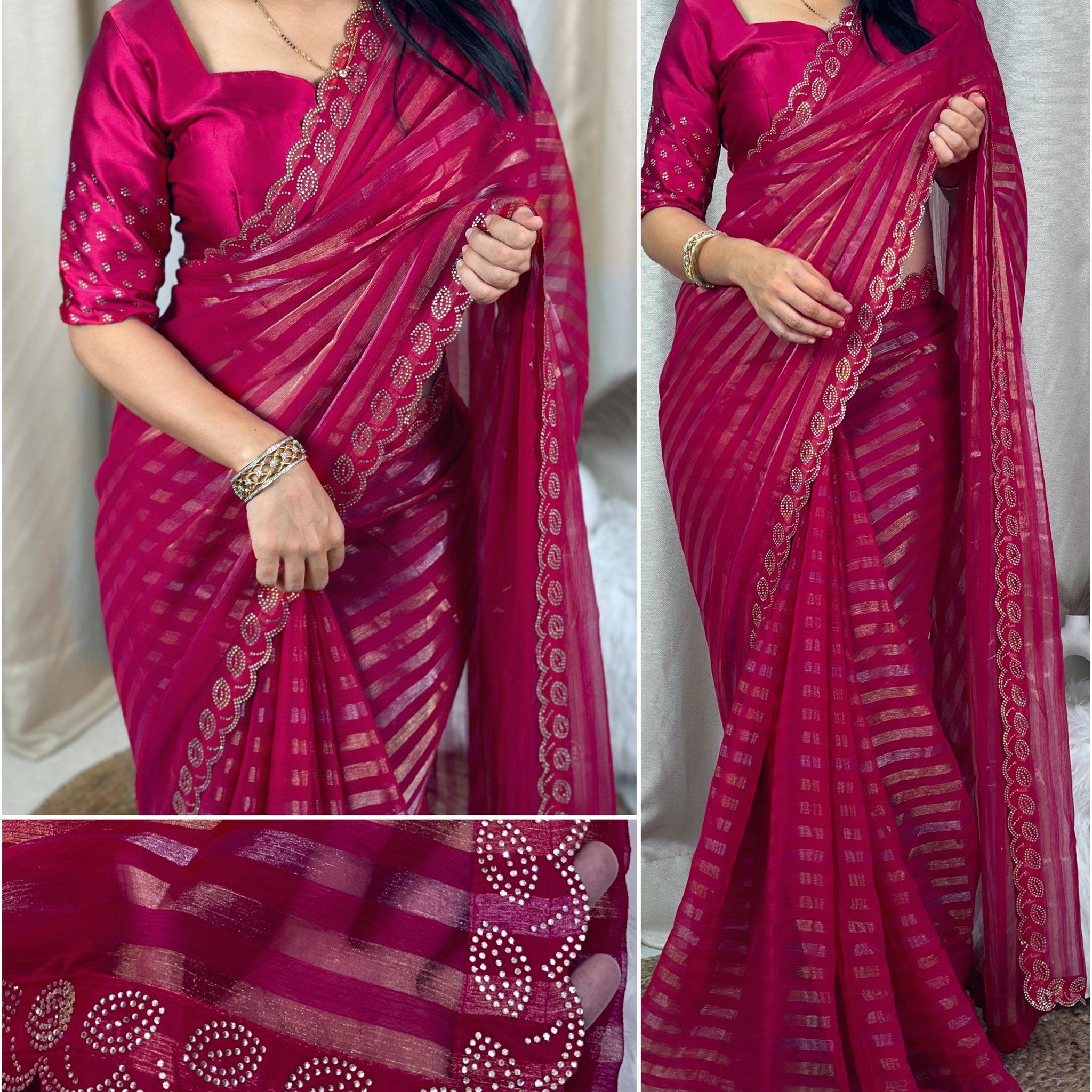 Xoomlady Present Gold and silver zari weaving strips in full saree