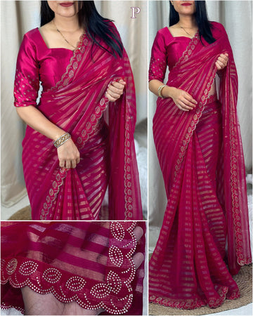 Xoomlady Present Gold and silver zari weaving strips in full saree