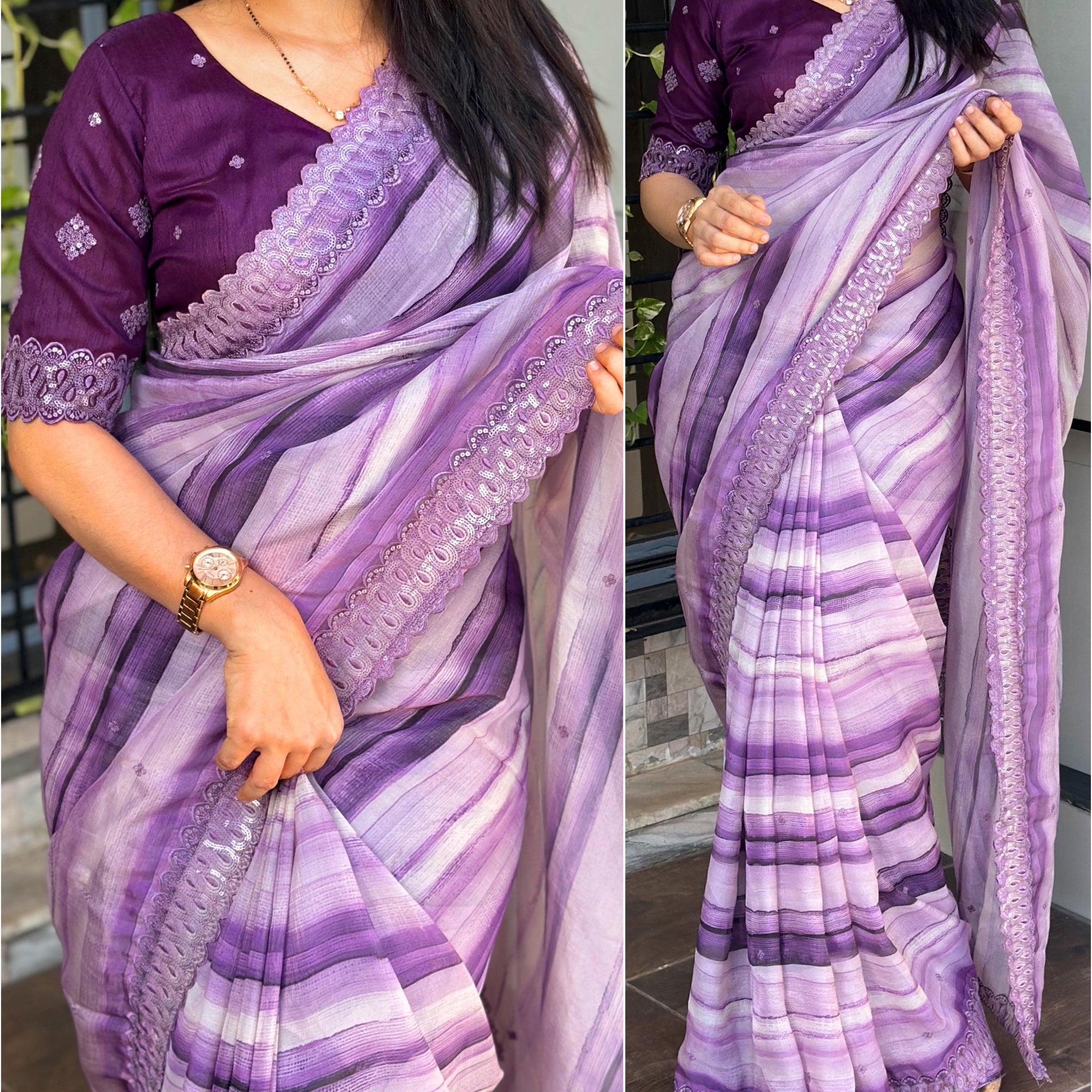 Xoomlady Present organza satin sequin work sarees.