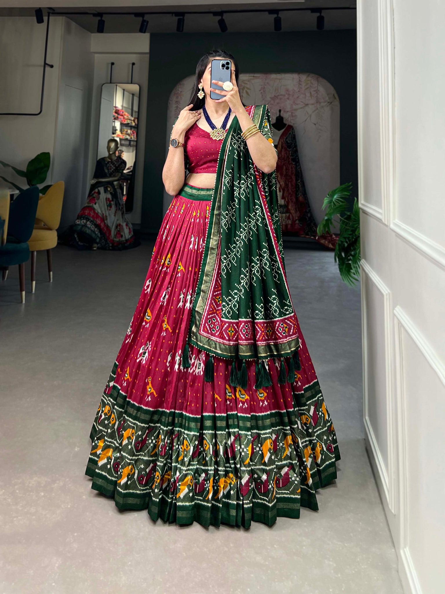 XOOMLADY ikkat Patola prints with this exquisite lehenga choli ensemble