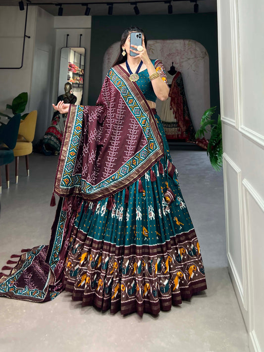 XOOMLADY ikkat Patola prints with this exquisite lehenga choli ensemble